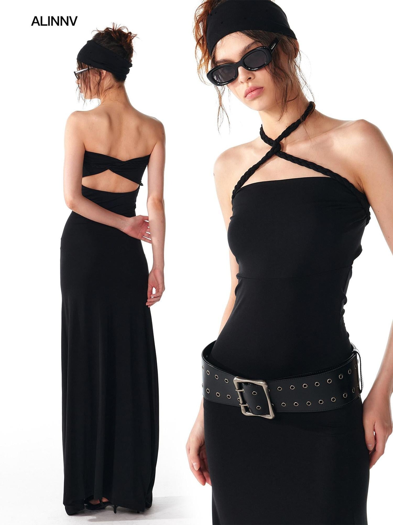ALINNVSTUDIO Elegant Halter Neck Cinched Waist Modal Sleeveless Solid Black Grey Maxi Dresses