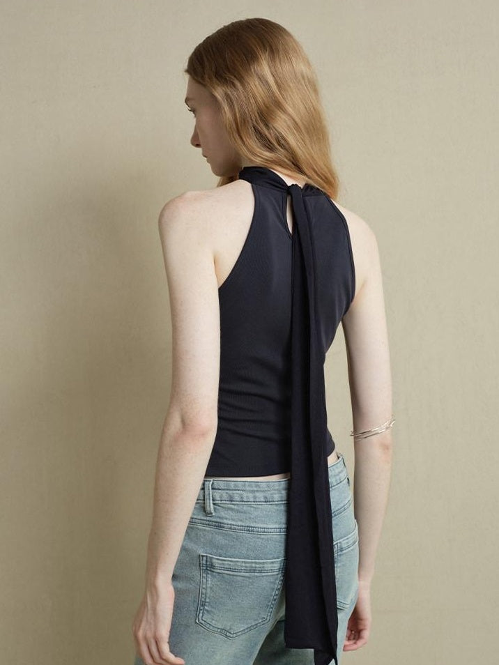 someonesometimes Slim Cutout Ruched Tie Front Korean Casual Navy Poly Tank Tops