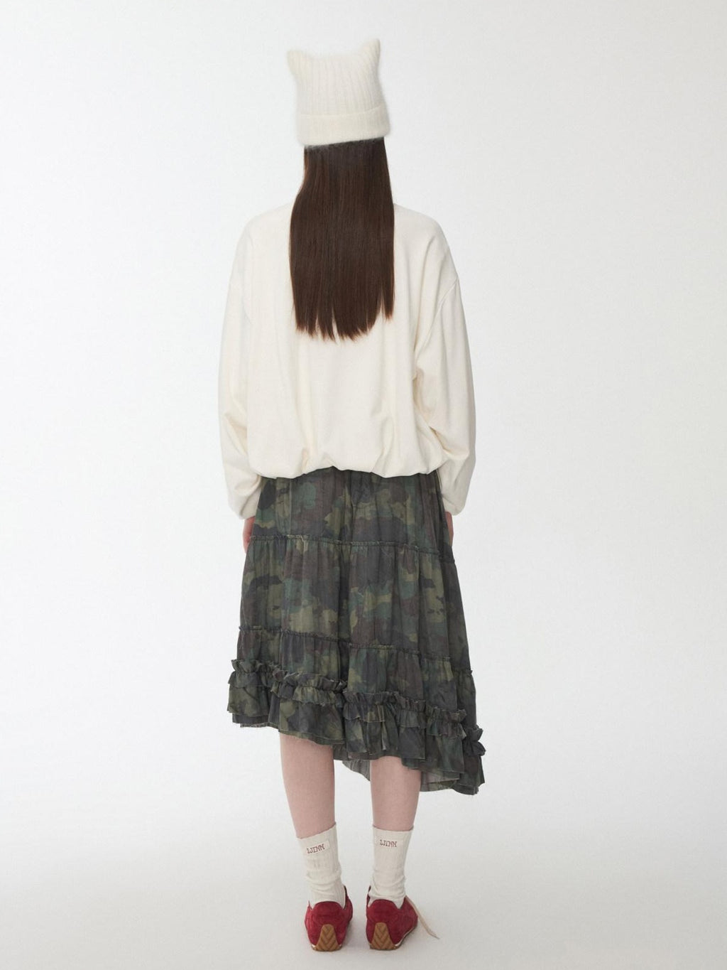1JINN STUDIO Soft Lyocell Shirred Tiered Casual Women Camouflage Green Midi Skirts