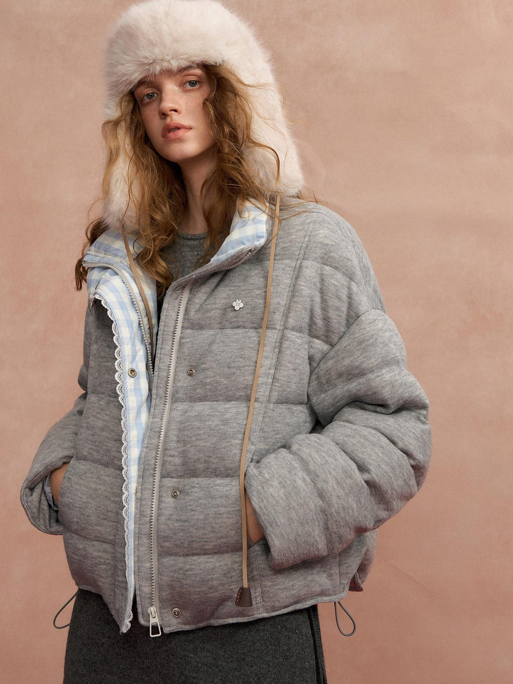 SOMESOWE Warm 90 Percent Duck Down Patchwork Plaid Lapel Zip Women Grey Down Jackets