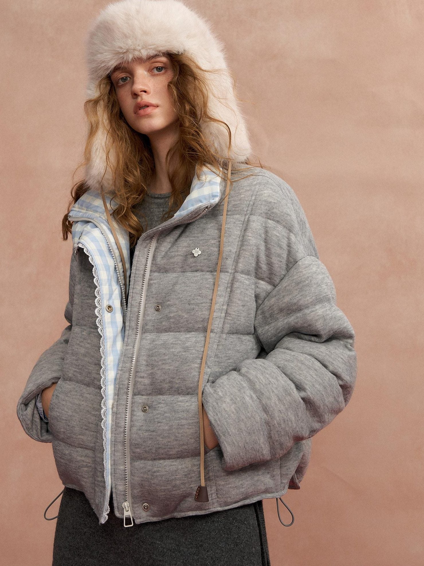 SOMESOWE Warm 90 Percent Duck Down Patchwork Plaid Lapel Zip Women Grey Down Jackets