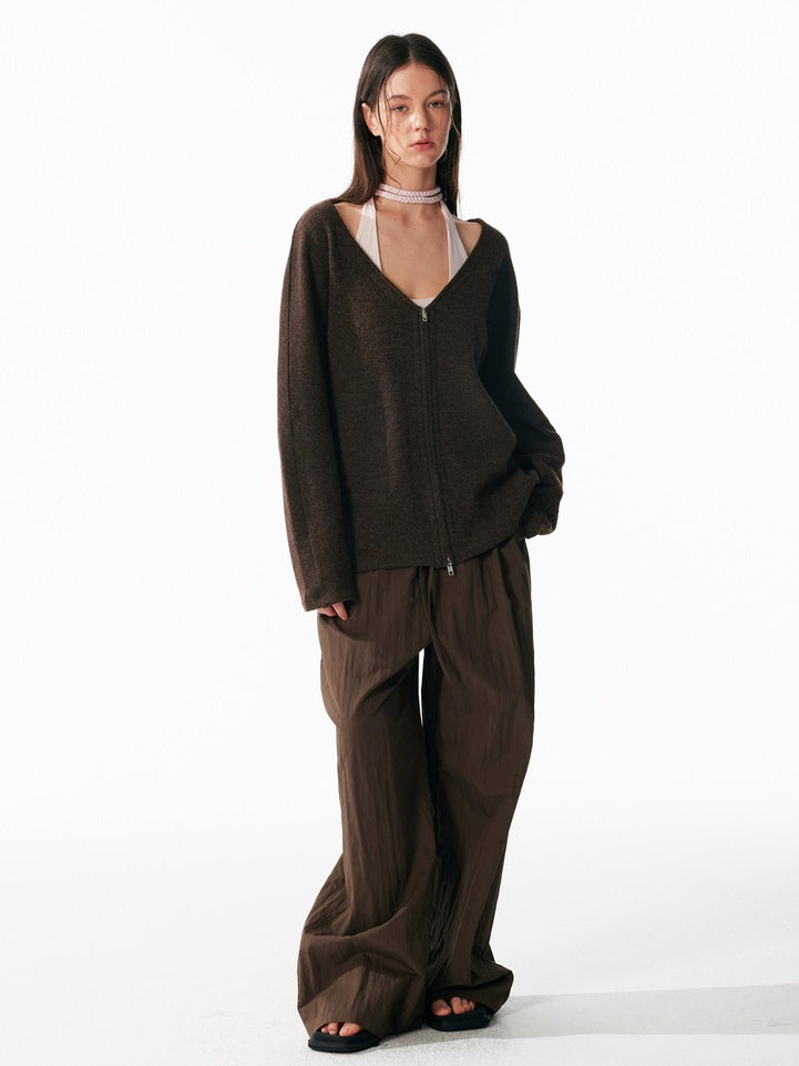 ALINNVSTUDIO Non Deforming Vintage Zip Regular Fit Long Sleeve Women Knit Black Cardigans