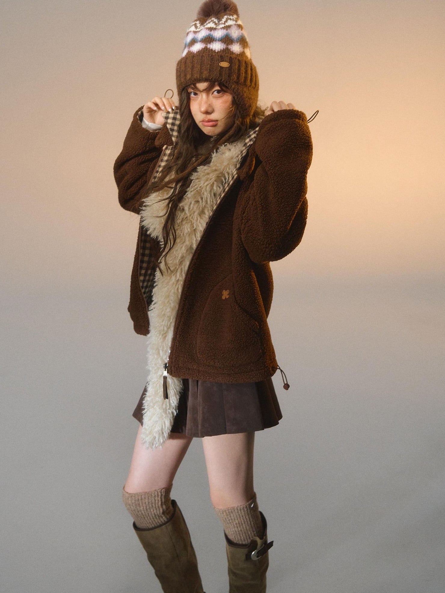 SOMESOWE Reversible Plaid Loose Fit Short Button Women Brown Polyester Jackets