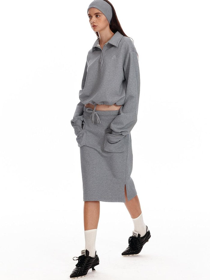 ALINNVSTUDIO Cropped Loose Fit Polo Collar Long Sleeve Commuter Solid Color Sweatshirt