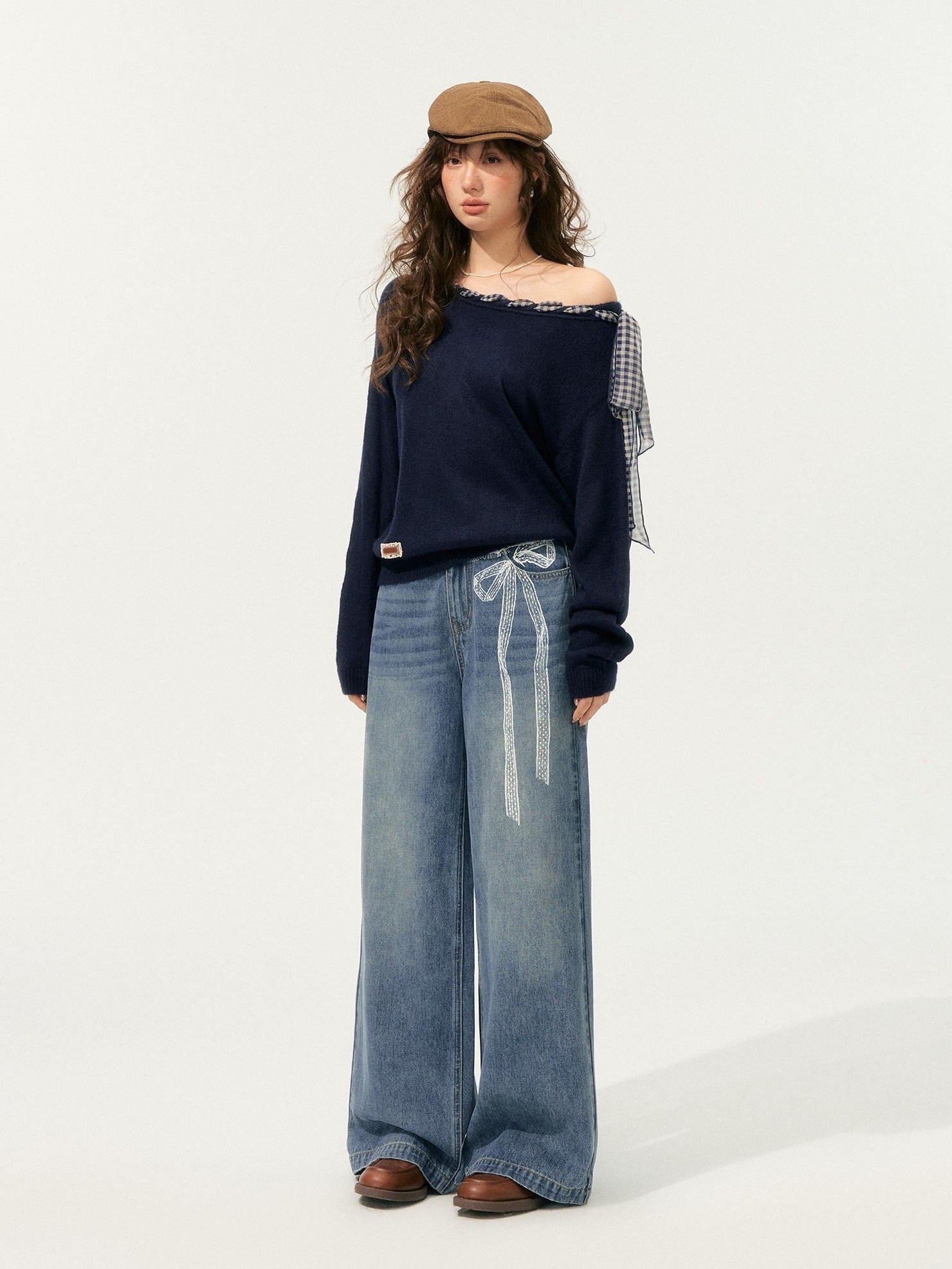 SOMESOWE Slight Stretch Cotton Natural Waist Hot Girl Straight Blue Button Wide Leg Jeans