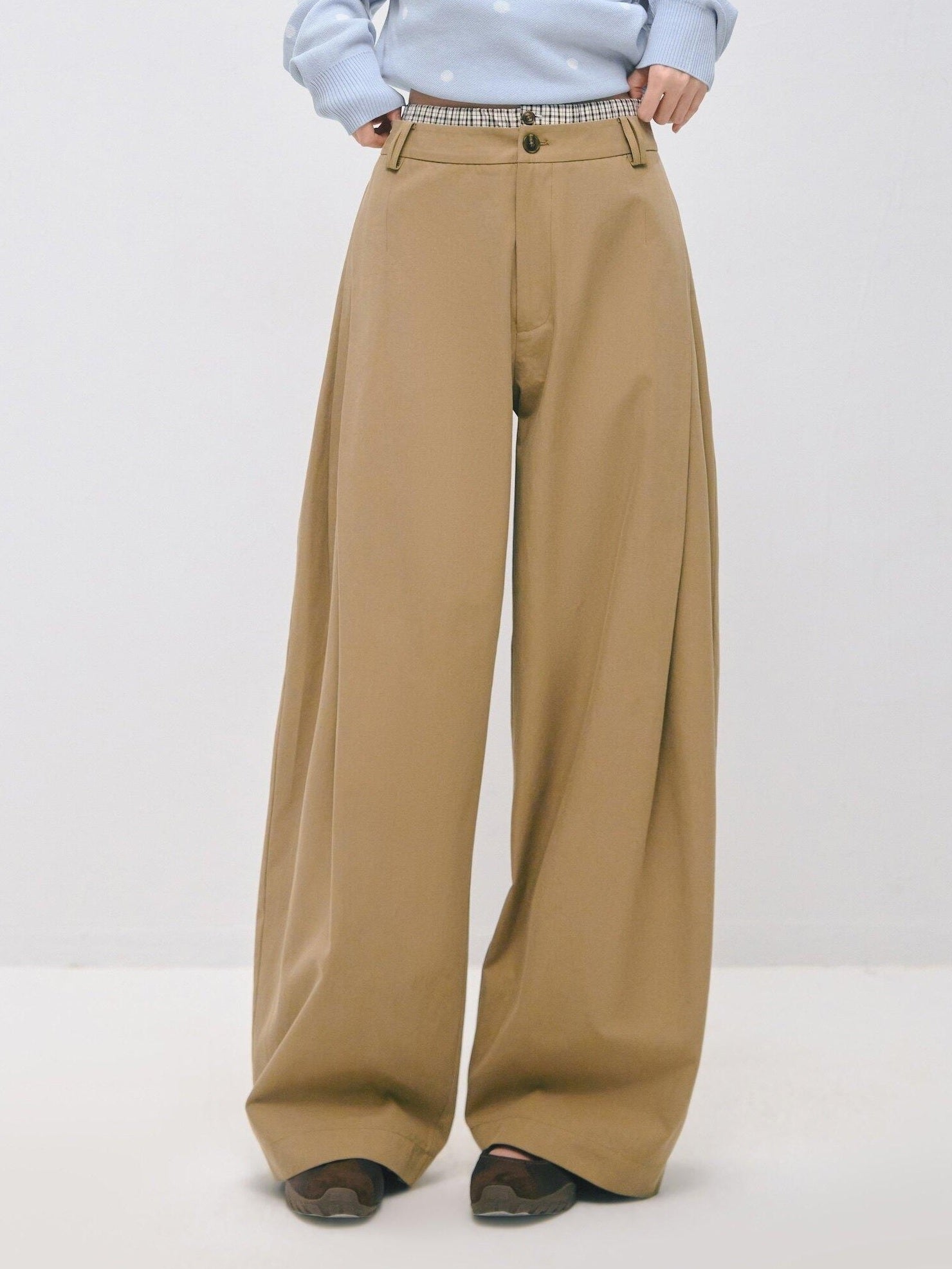 SOMESOWE Drawstring Pocket Relaxed Natural Waist Women Solid Khaki Grey Wide Leg Pants
