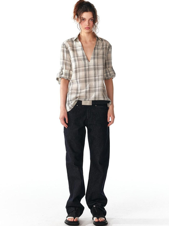 ALINNVSTUDIO Soft Lyocell Cupro Blend Oversized V-neck Button Front Plaid Casual Shirts