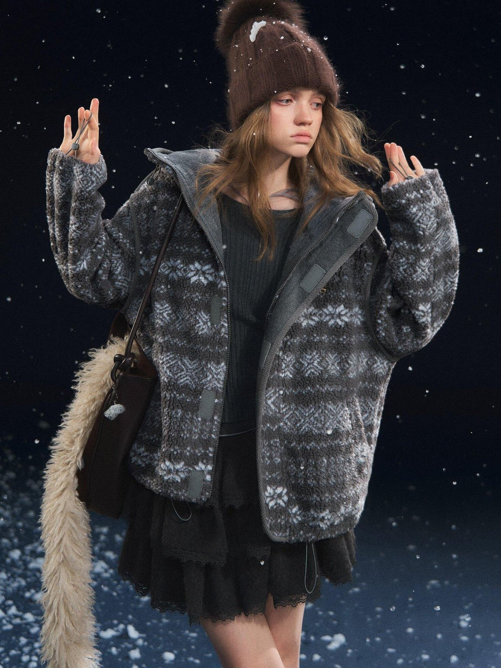 SOMESOWE Cozy Fleece Oversized Hooded Women Outdoor Zip Geometric Gray Jackets