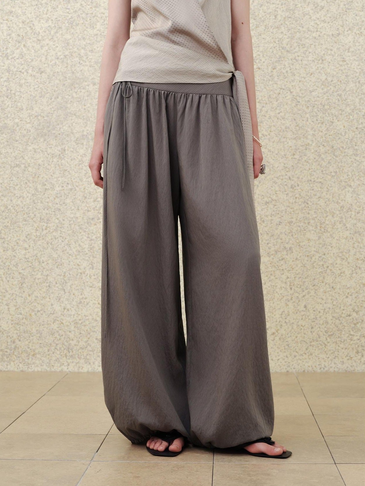 someonesometimes Soft Modal Loose Lantern Natural Waist Button Smoky Grey Wide Leg Pants
