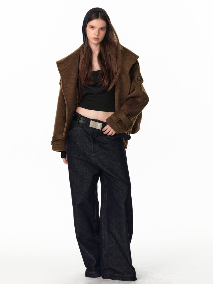 ALINNVSTUDIO Double Breasted Short Loose Lapel Commuter Women Thick Black Gray Wool Coats