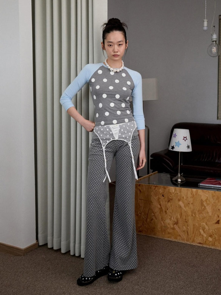 1JINN STUDIO Soft Stretch Viscose Slim Fit Cross Polka Patchwork Women Long Sleeve T-Shirts