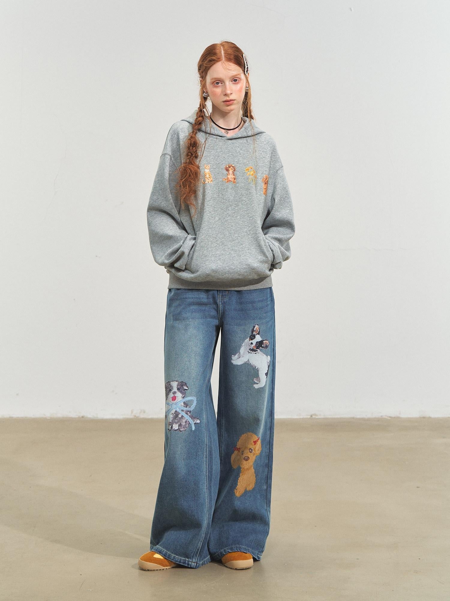 SOMESOWE Cartoon Blue Cotton Natural Waist Pocket Slight Stretch Women Wide Leg Jeans