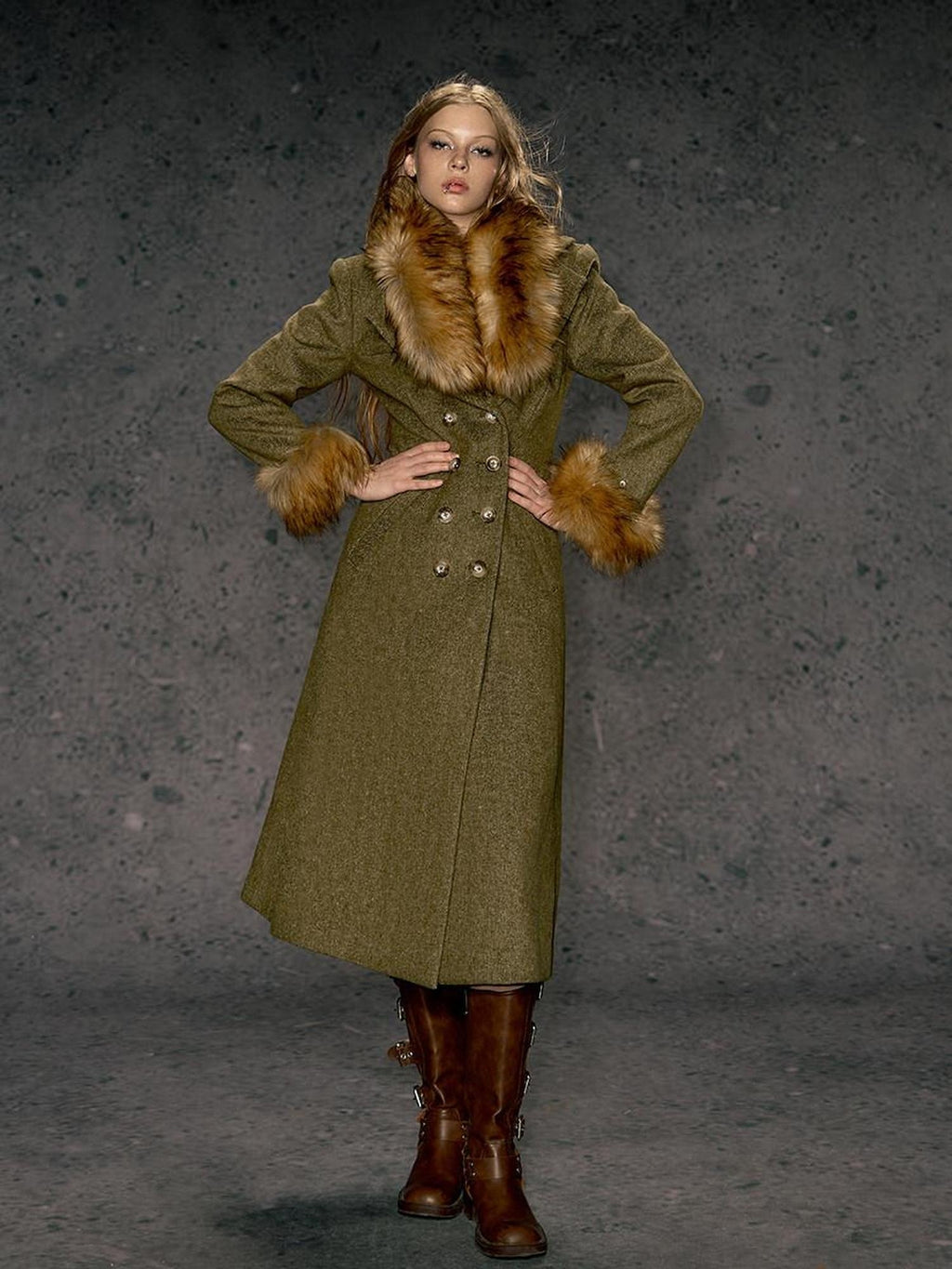 DeleteEx Wool Blend Vintage Commuter Double Breasted Midlength Yellow Green Wool Coats