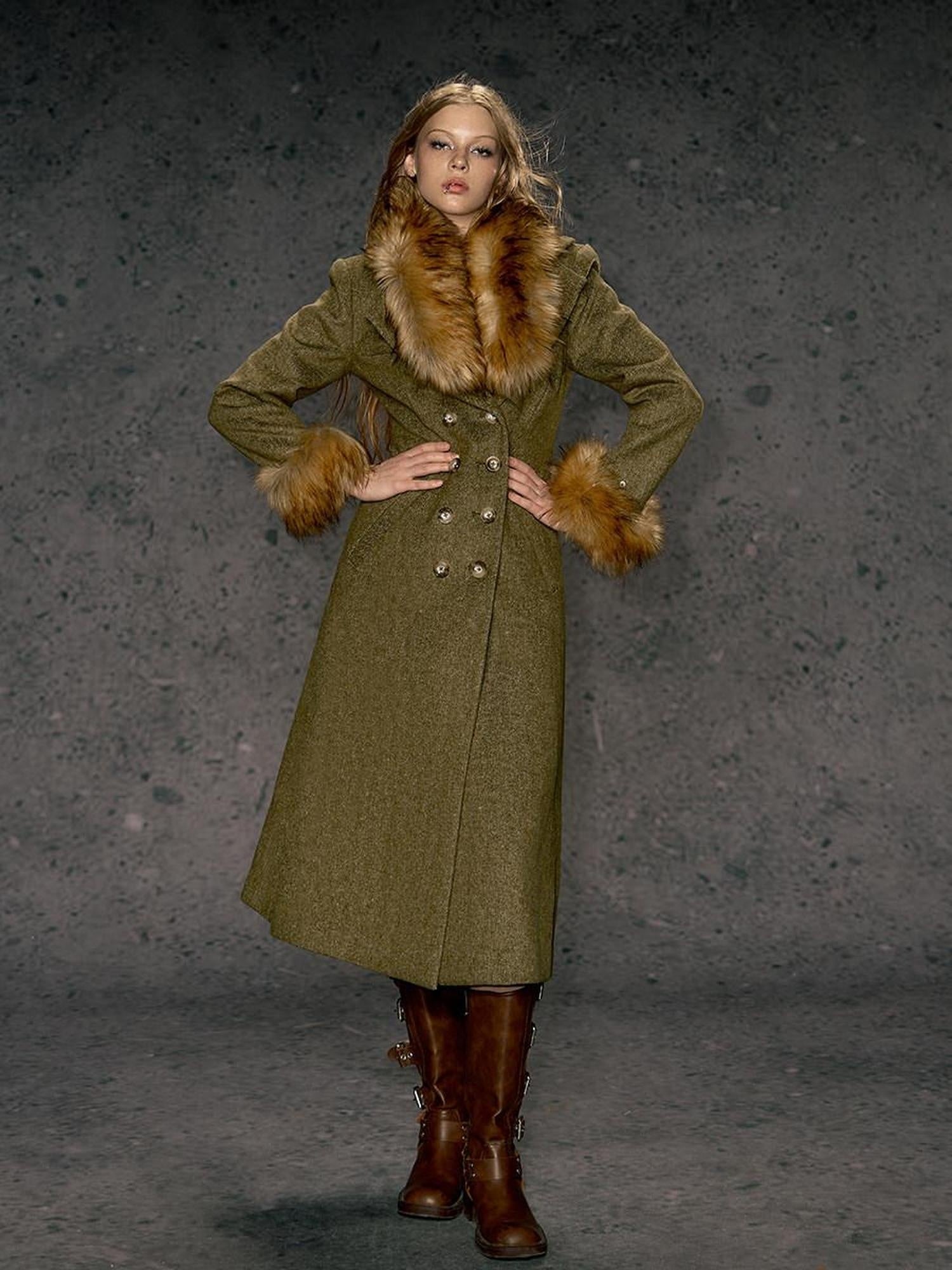 DeleteEx Wool Blend Vintage Commuter Double Breasted Midlength Yellow Green Wool Coats