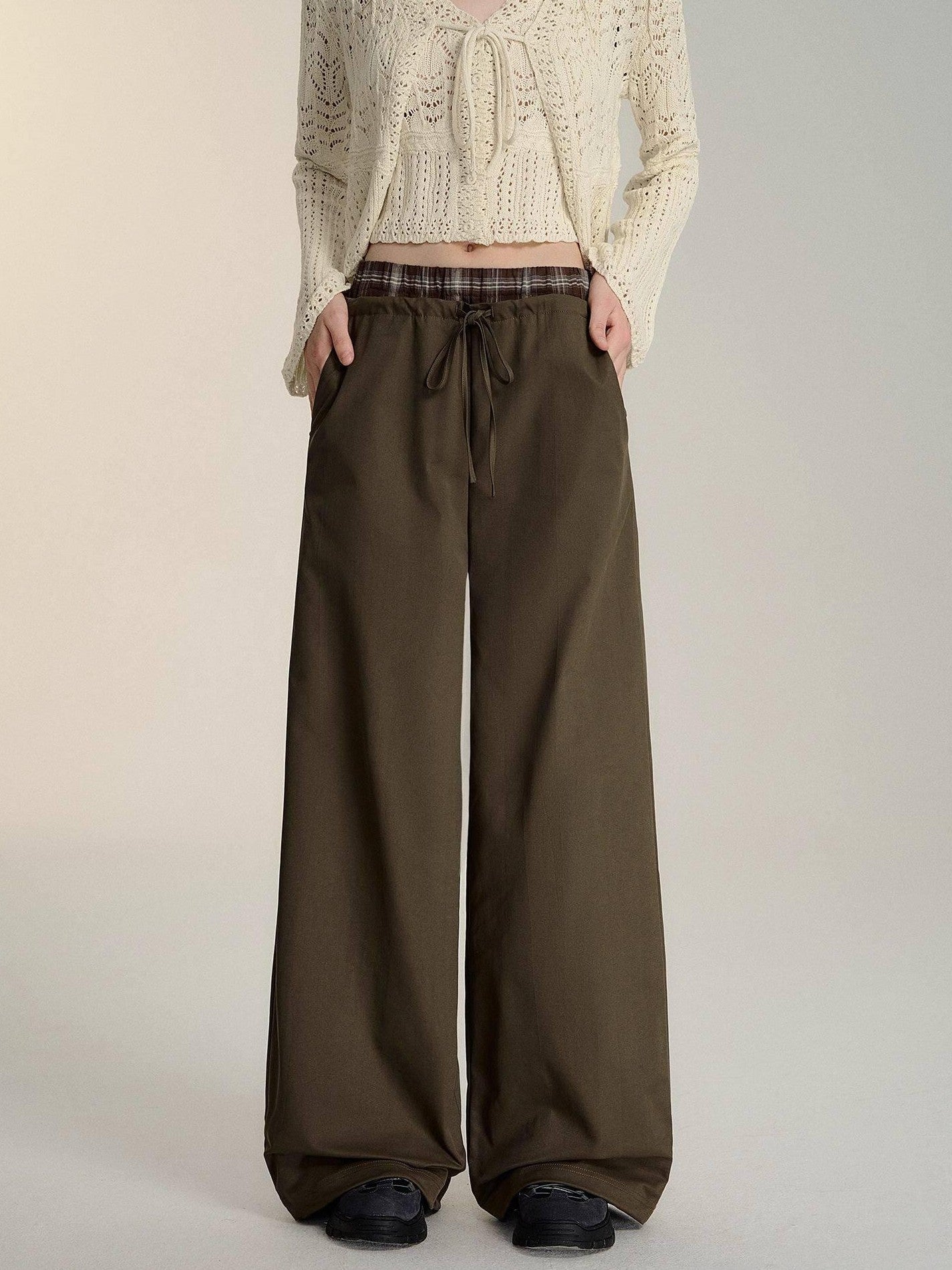 SOMESOWE Minimalist Double Waist Drawstring Natural Waist Office Women Wide Leg Pants