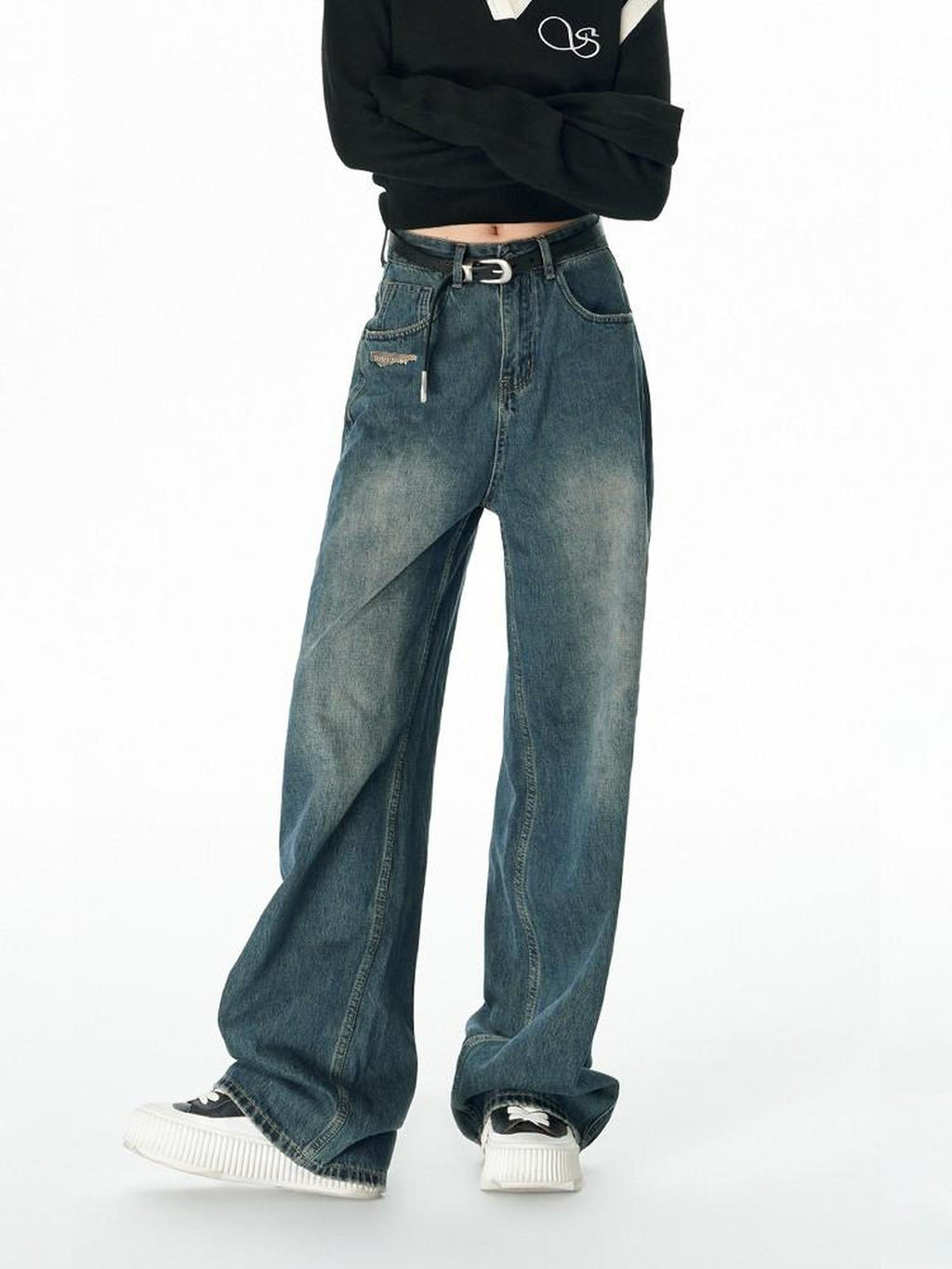 SOMESOWE Cotton Slight Stretch Unisex Loose Natural Waist Washed Blue Wide Leg Jeans