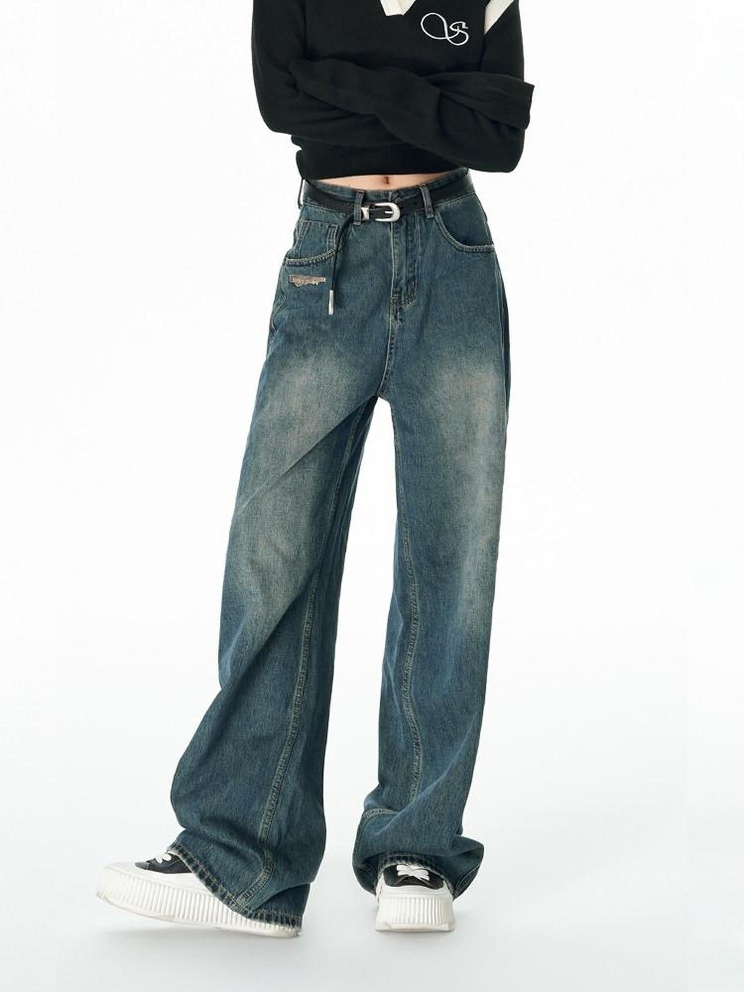 SOMESOWE Cotton Slight Stretch Unisex Loose Natural Waist Washed Blue Wide Leg Jeans