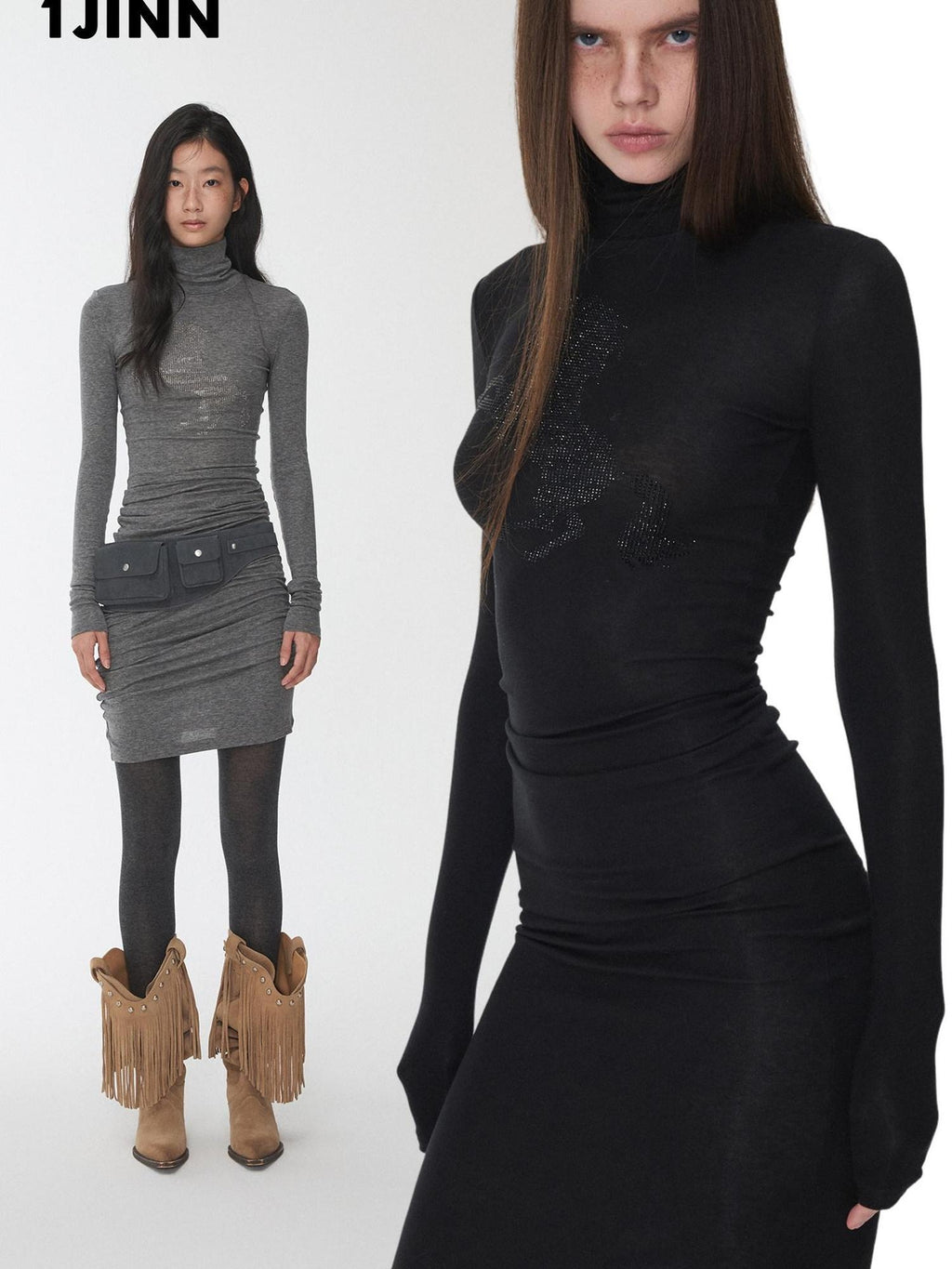 1JINN STUDIO Lyocell Wool Blend Turtleneck Long Sleeve Slim Fit Casual Women Mini Dresses