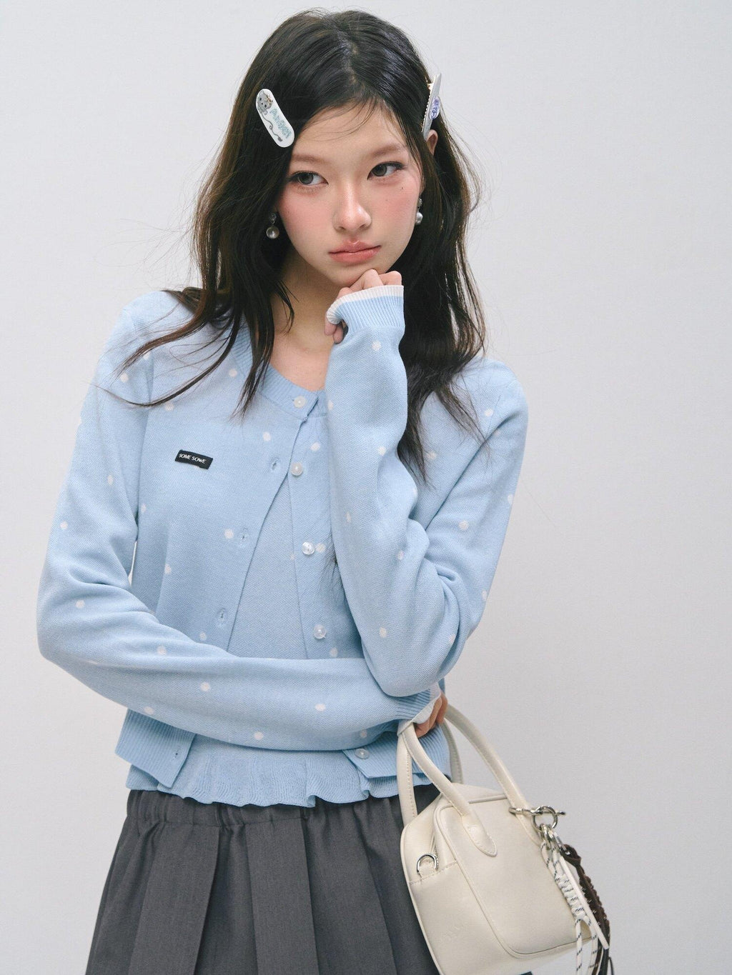 SOMESOWE Ruffle Collared Cardigan Long Sleeve Loose Fit Women Blue Top & Skirt Sets