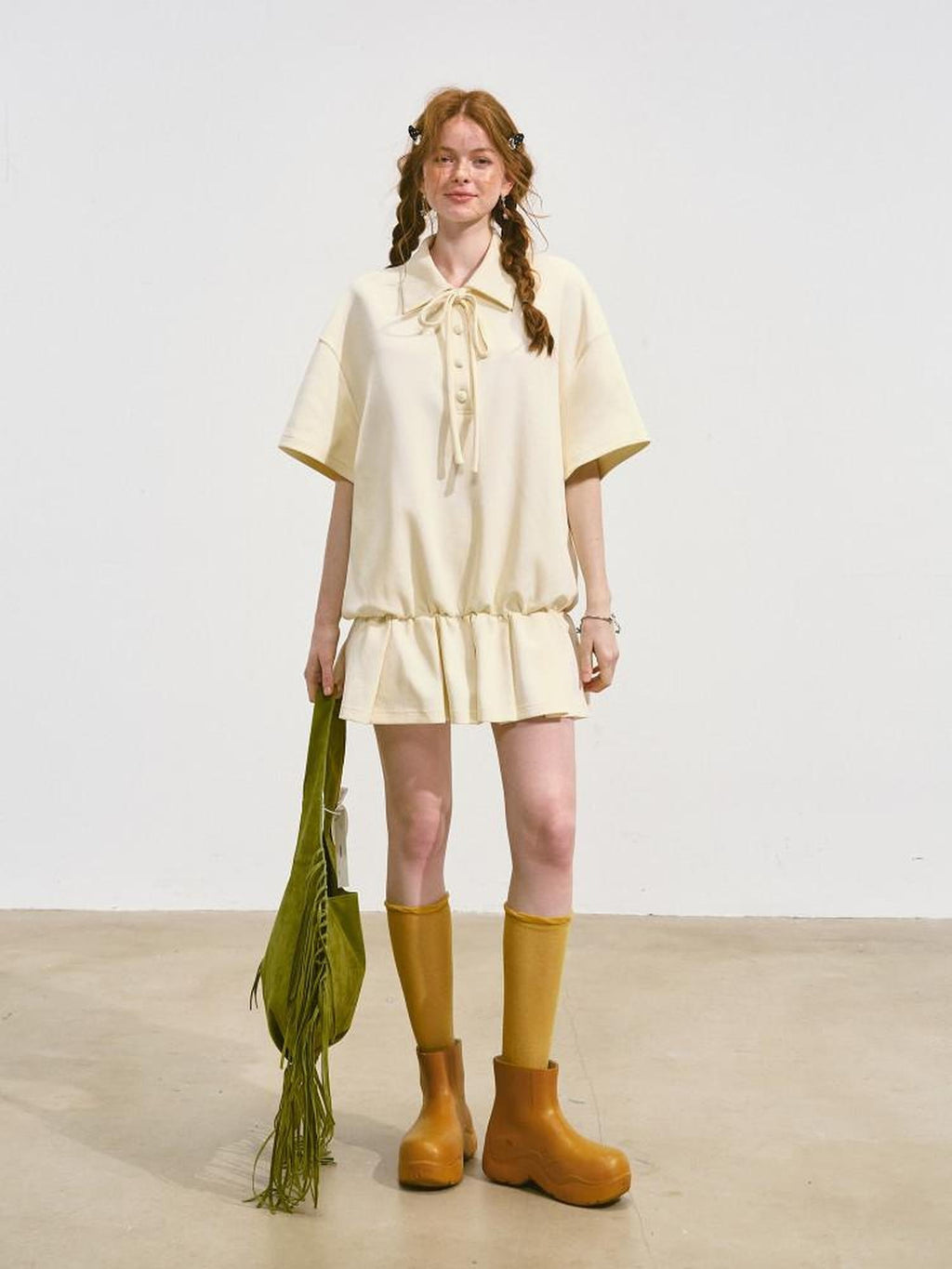 SOMESOWE Cotton Blend Minimal Tie A Line Tee Office Beige Mini Dresses