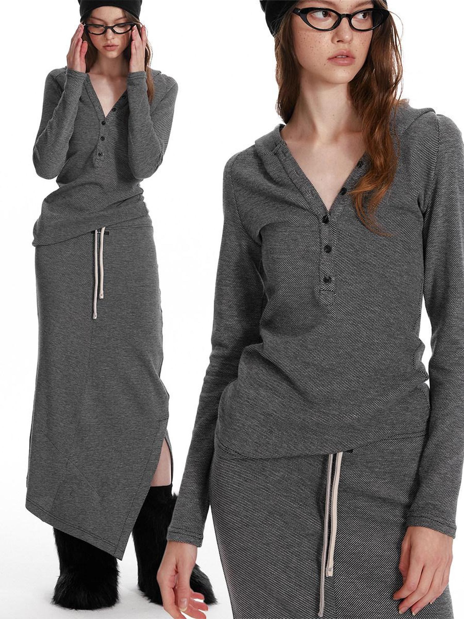 ALINNVSTUDIO Cozy Hooded Long Sleeve Button Front Curved Hem Youth Gray Top & Skirt Sets