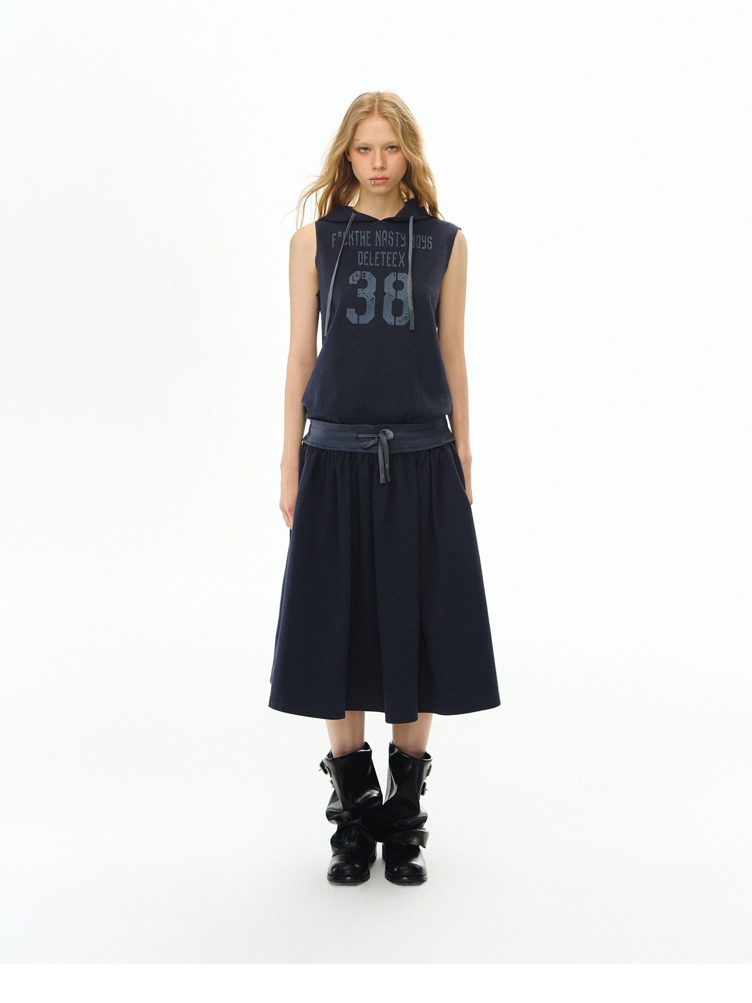DeleteEx Soft Cotton Blend Elastic Waist Insta Sleeveless Printed Vest Navy Midi Dresses