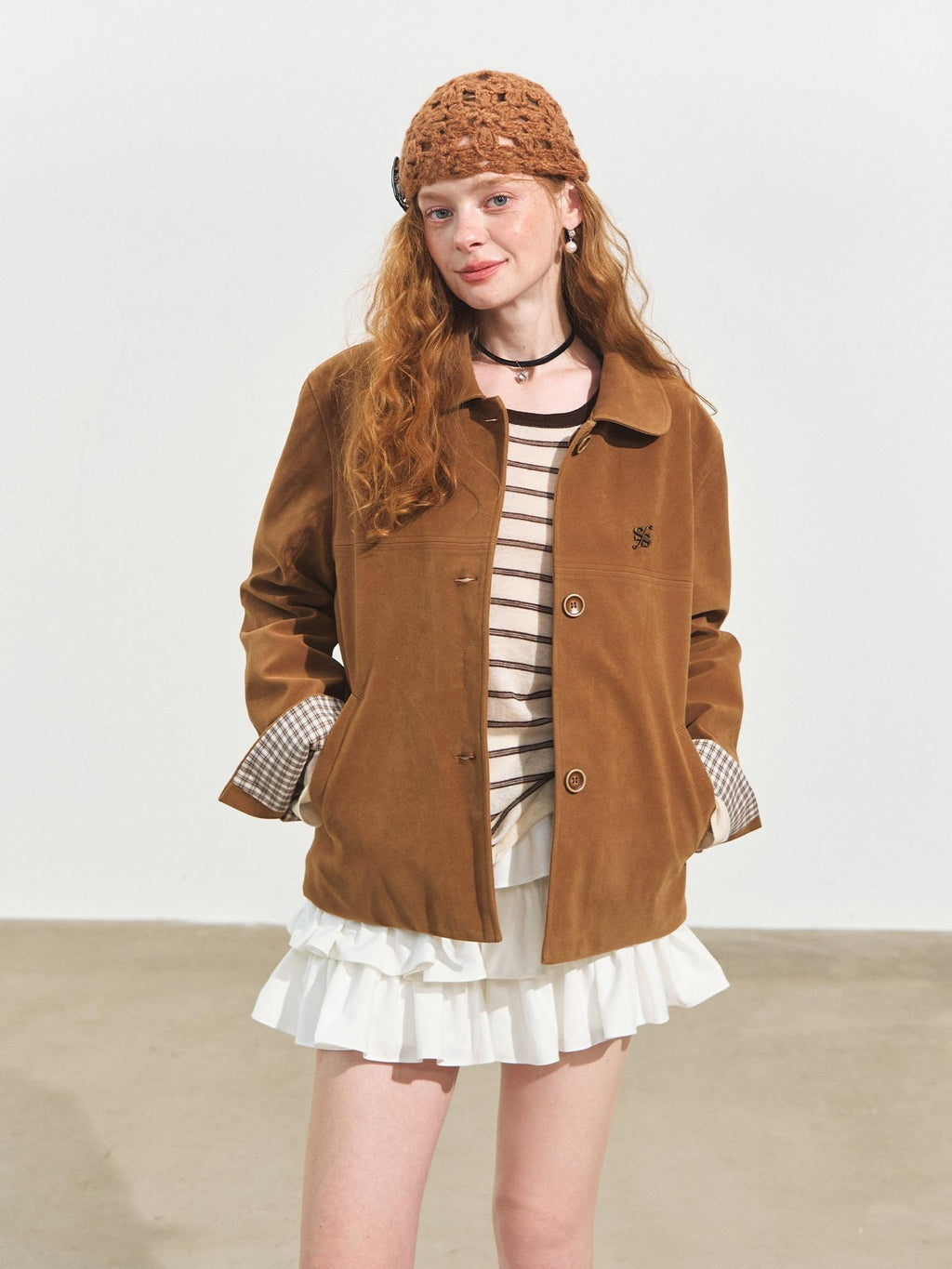 SOMESOWE Pu Leather Casual Loose Doll Collar Flap Pocket Camel Women Leather Jackets