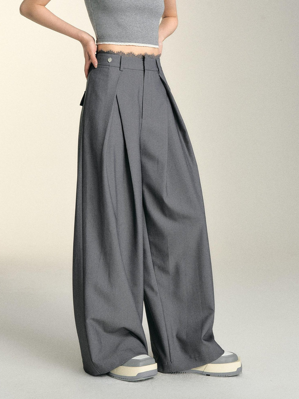 SOMESOWE Casual Lace Trim Patchwork Pocket Relaxed Natural Waist Women Wide Leg Pants