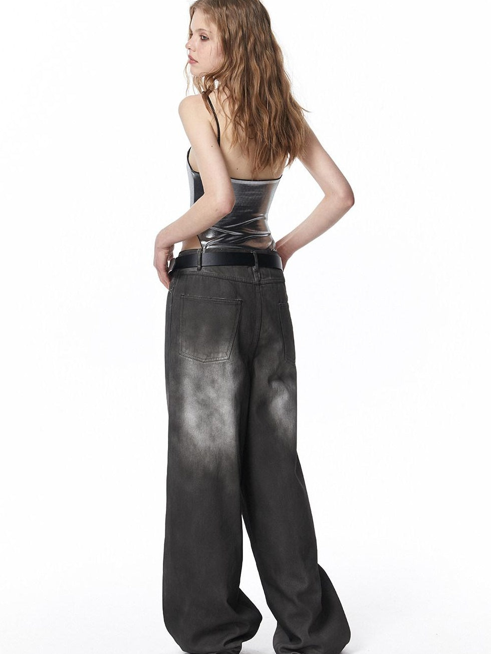 ALINNVSTUDIO Distressed Vintage Natural Waist Long Dark Gray Zip Fly Denim Wide Leg Jeans
