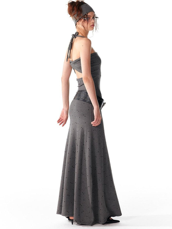 ALINNVSTUDIO Elegant Halter Neck Cinched Waist Modal Sleeveless Solid Black Grey Maxi Dresses