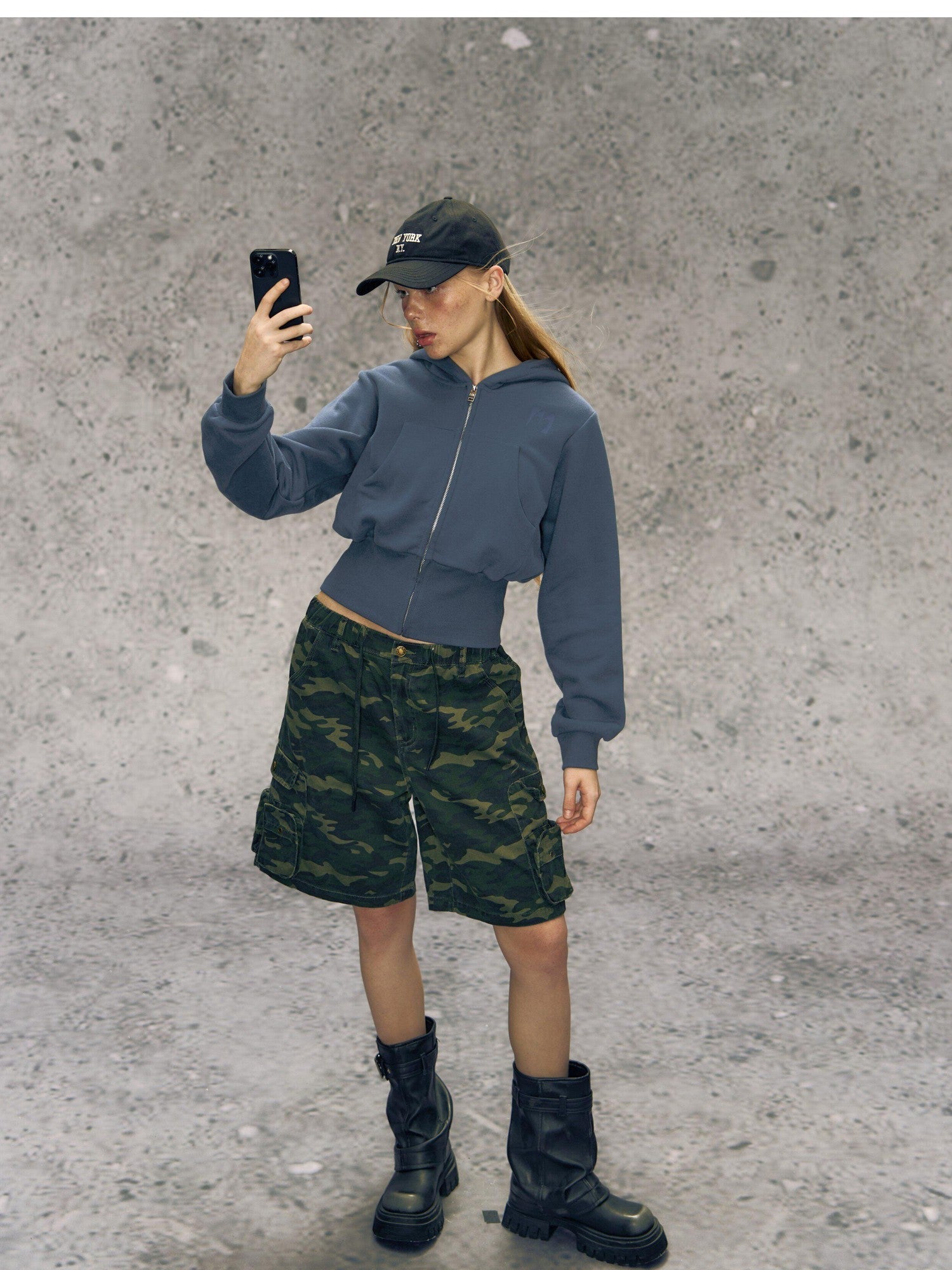 DeleteEx Soft Cotton Blend Zip Up Slim Cropped Street Style Women Solid Grey Blue Hoodie