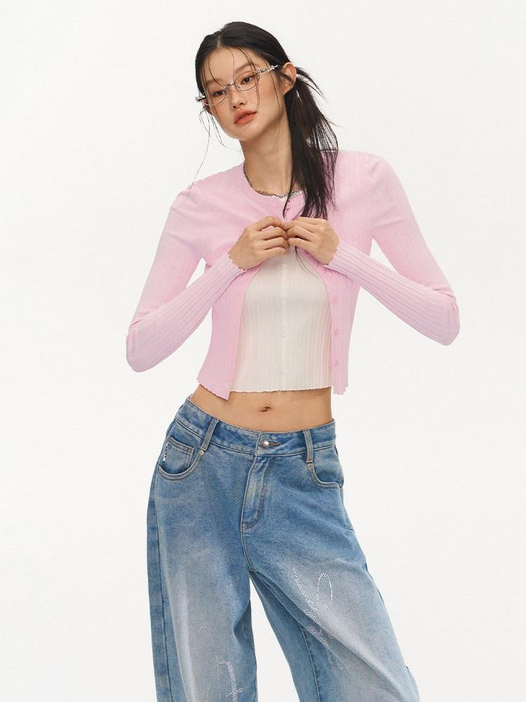 NAWSNOTAWEAR Slim Fit Colorblock Button Cardigan Faux Two Piece Women Long Sleeve Crop Tops