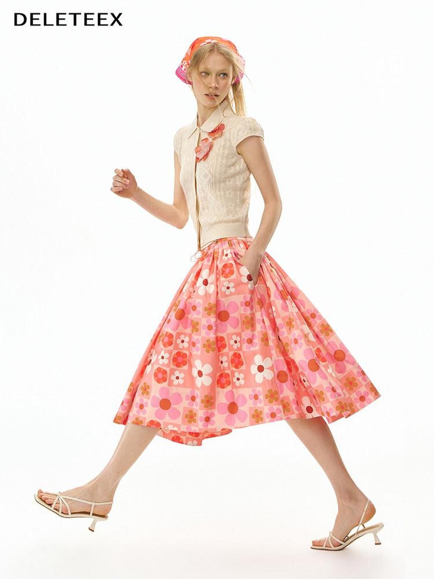 DeleteEx Flattering High Waist A Line Orange Red Floral Polyester Women Midi Skirts