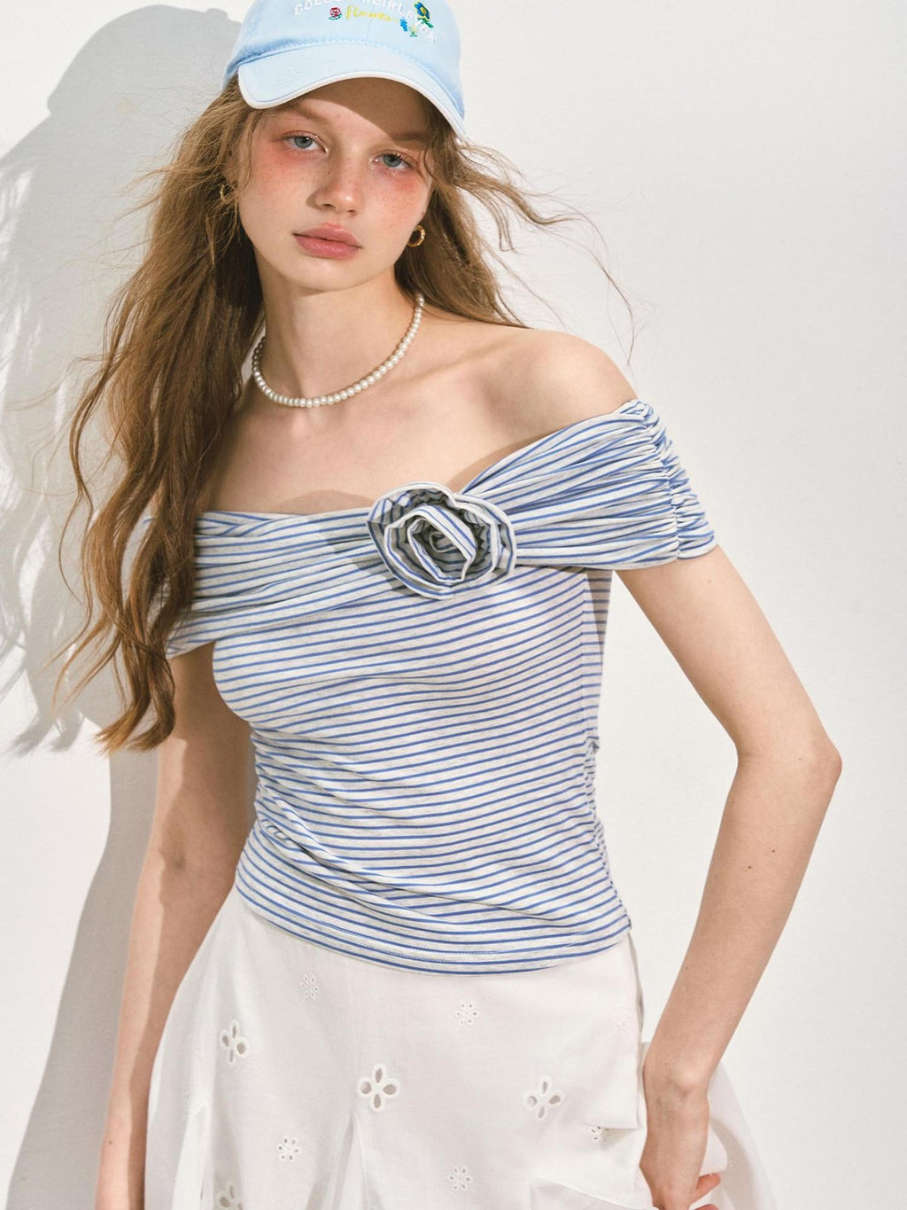 SOMESOWE Stretch Cotton Slim Cropped Bardot Blue White Striped Short Sleeve T-Shirts