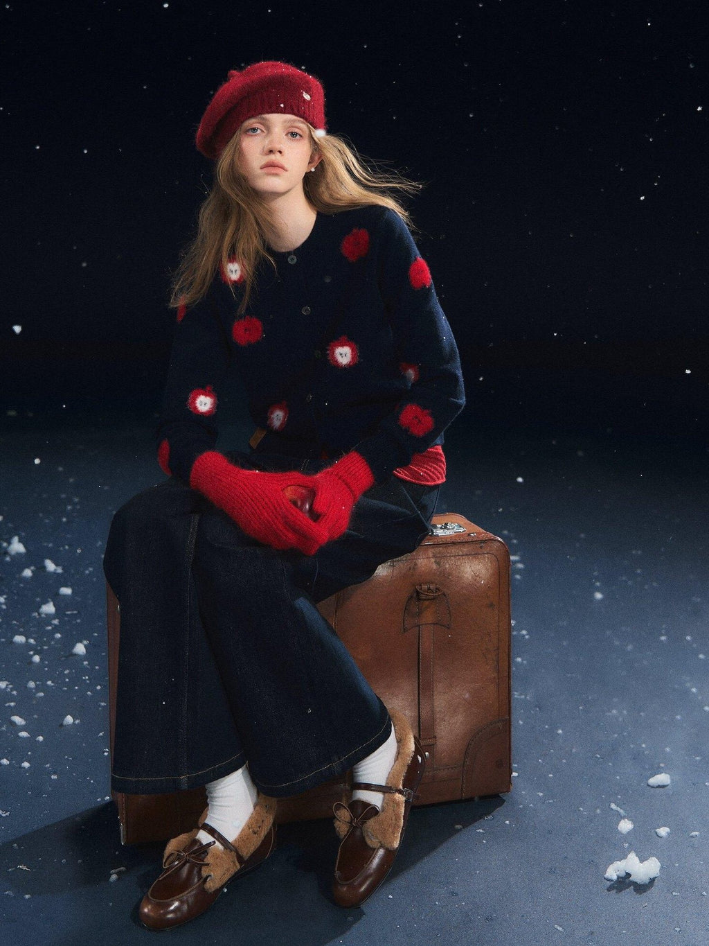 SOMESOWE Embroidered Fruit Casual Lapel Regular Fit Navy Long Sleeve Button Knit Cardigans