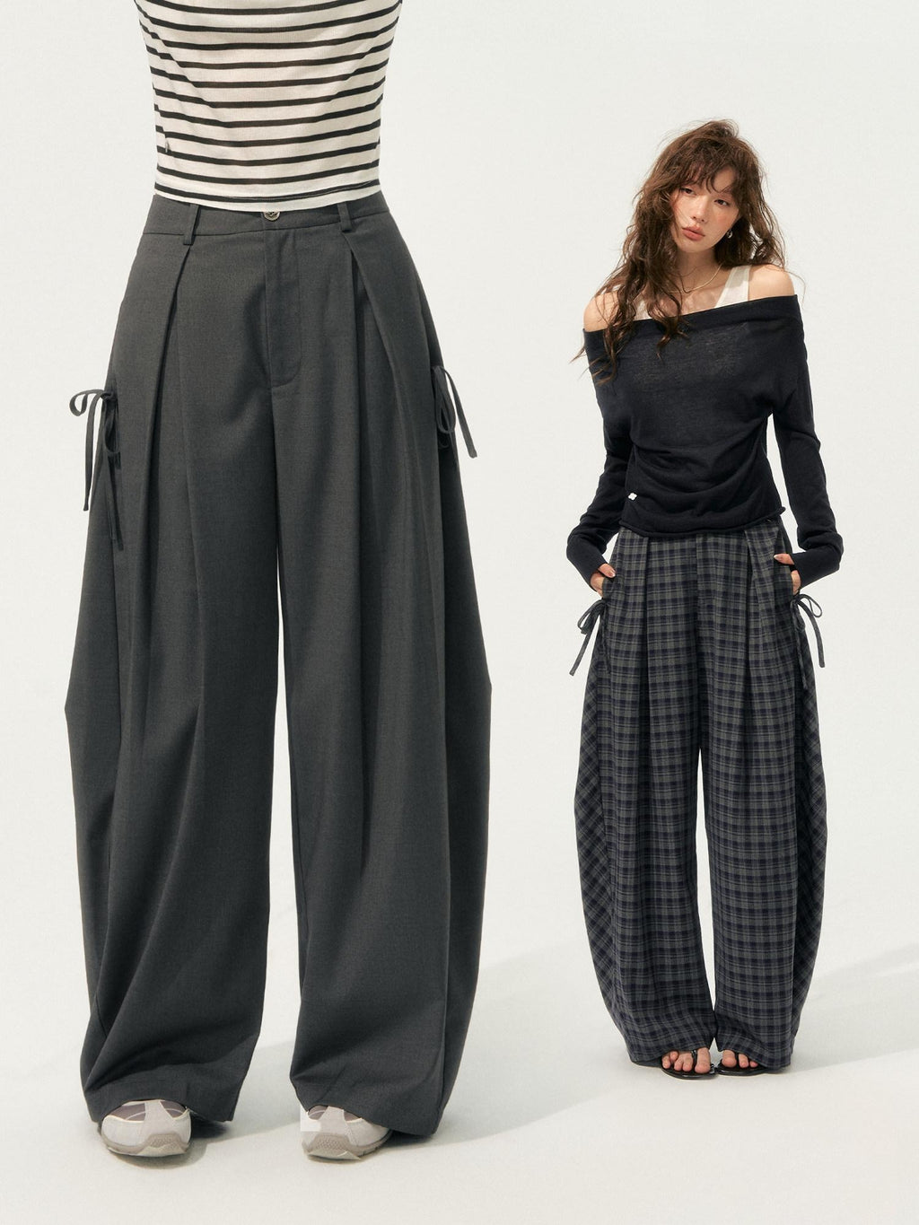 SOMESOWE Plaid Pocket Loose Fit Natural Waist Button Grey Casual Women Wide Leg Pants