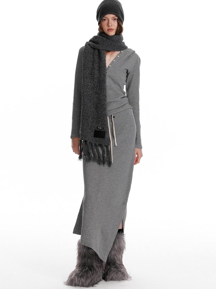 ALINNVSTUDIO Cozy Hooded Long Sleeve Button Front Curved Hem Youth Gray Top & Skirt Sets