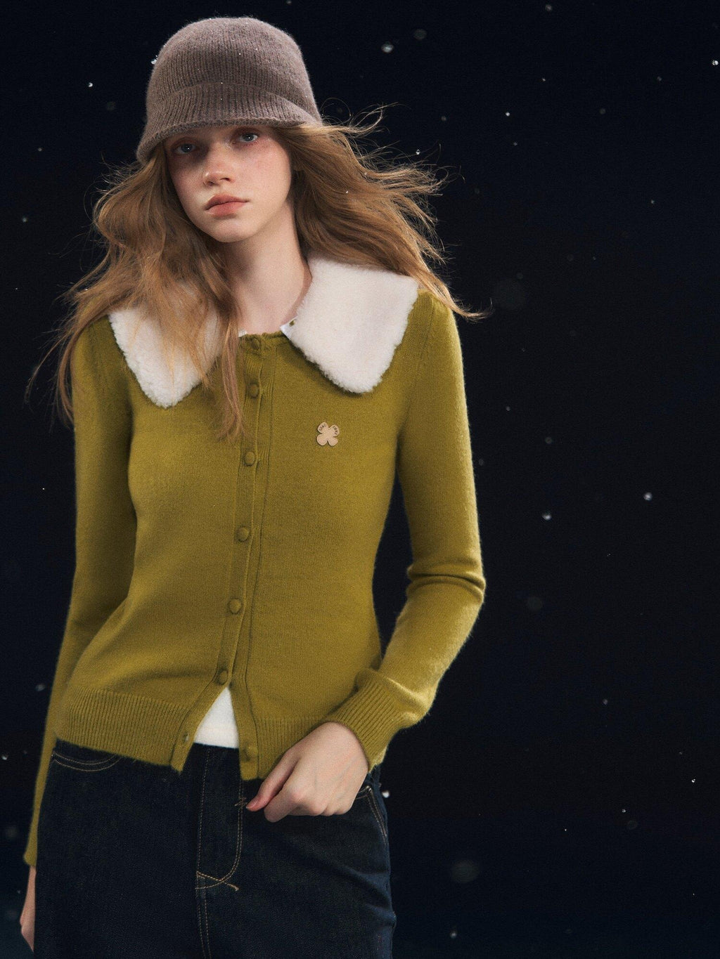 SOMESOWE Cozy Fruit Print Collared Long Sleeve Casual Women Bean Green Cardigans