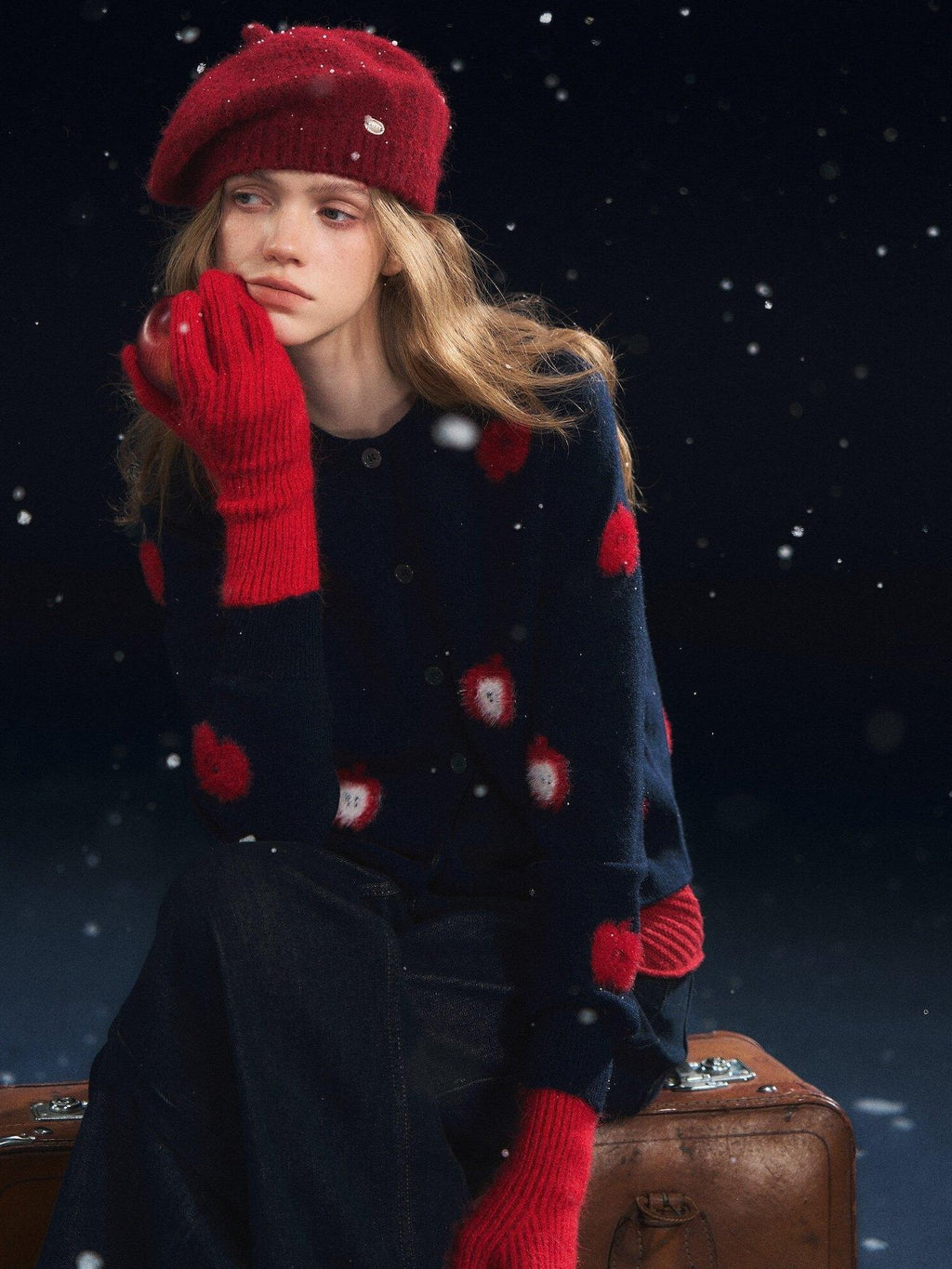 SOMESOWE Embroidered Fruit Casual Lapel Regular Fit Navy Long Sleeve Button Knit Cardigans