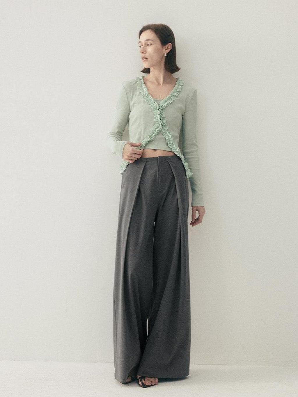someonesometimes High Waist Stretch Belt Detail Minimalist Polyester Blend Women Wide Leg Pants