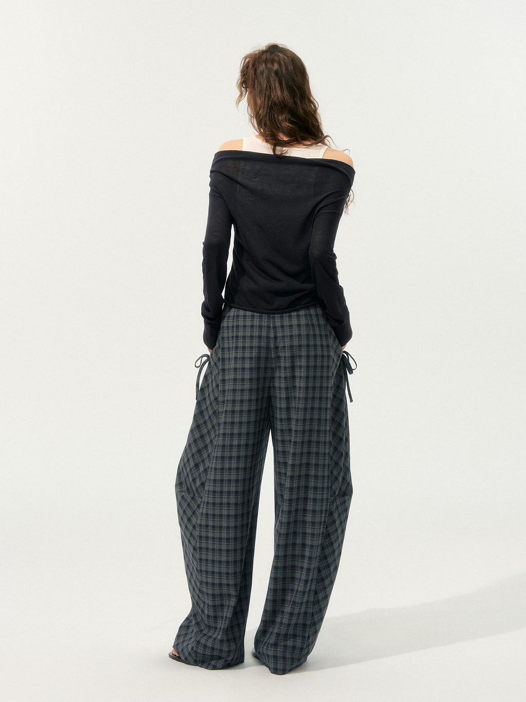 SOMESOWE Plaid Pocket Loose Fit Natural Waist Button Grey Casual Women Wide Leg Pants
