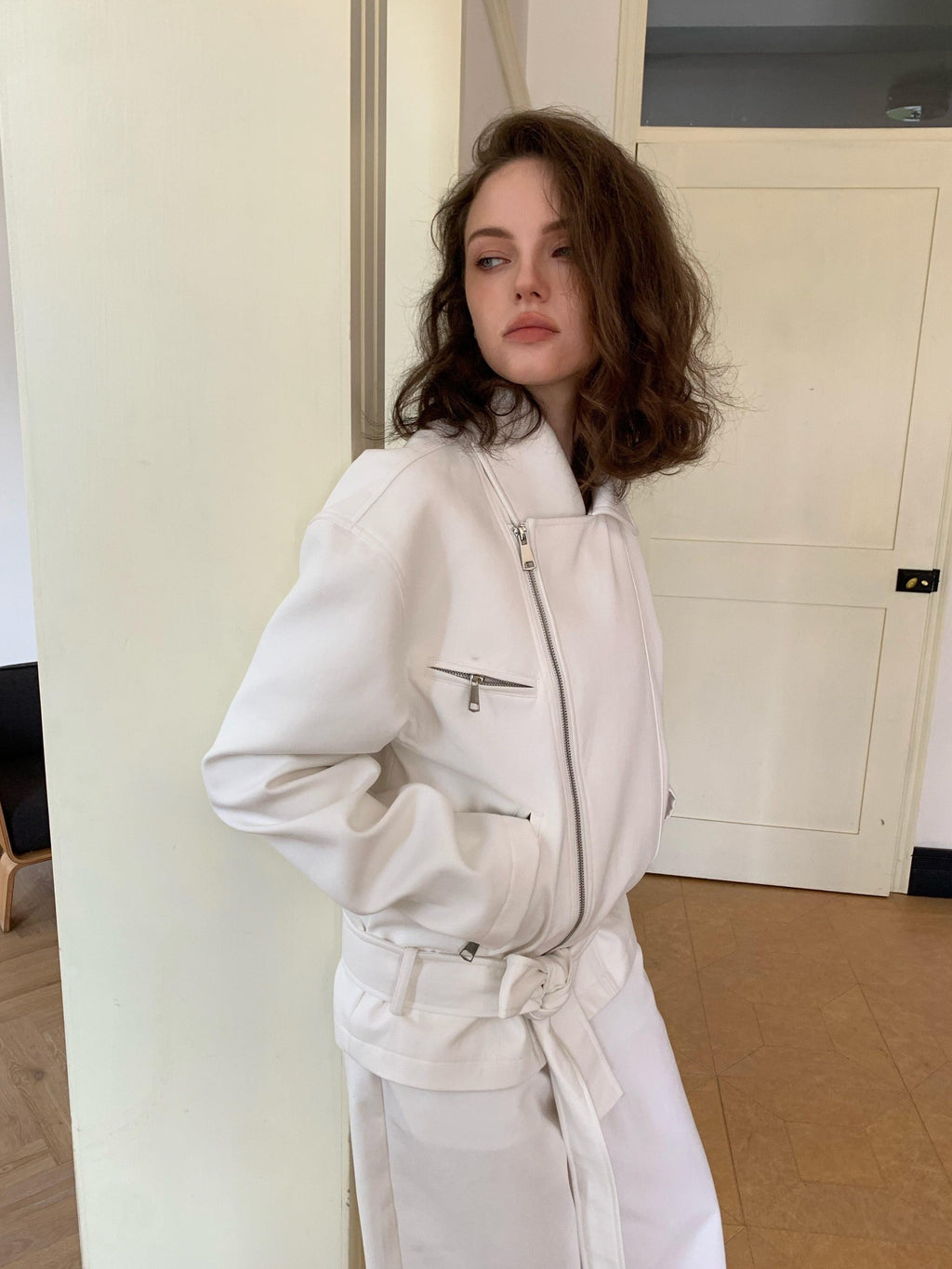 BUZHOU 100% Cotton Lapel Edgy Biker Short Women White Jacket Cropped Jackets