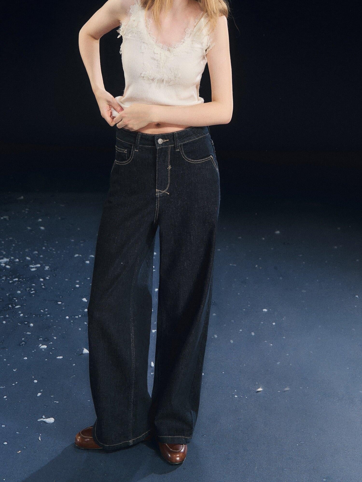 SOMESOWE High Rise Stretch Pleated Pocket Women Dark Cotton Denim Straight Leg Jeans