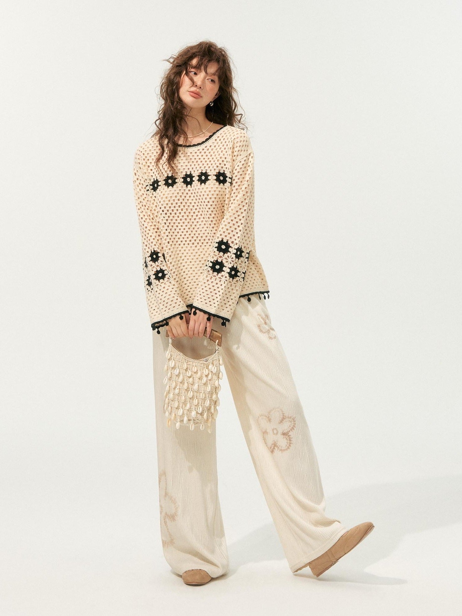 SOMESOWE Soft Acrylic Loose Openwork Knit Pullover Women Casual Round Neck Beige Sweaters