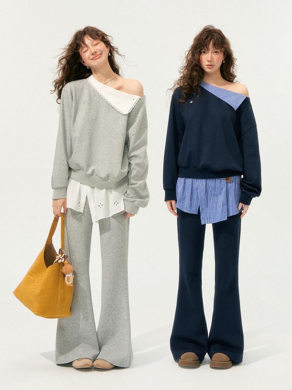 SOMESOWE Patchwork Cropped Oversized Collared Sweatshirt Heather Grey Top & Pants Sets
