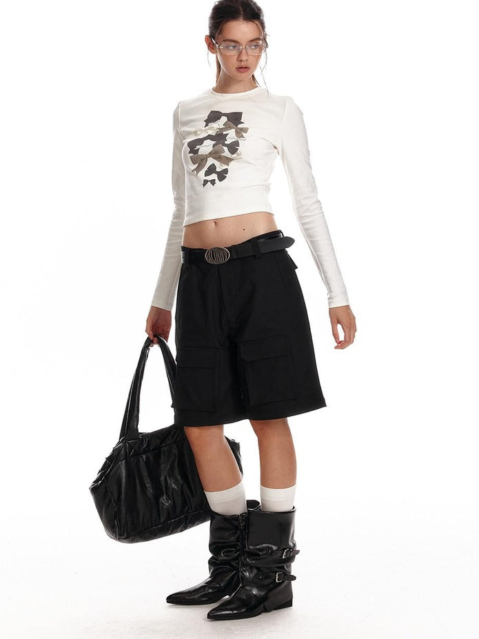 ALINNVSTUDIO Soft Cotton Printed Cropped Slim Fit Crew Neck Women Casual Long Sleeve T-Shirts