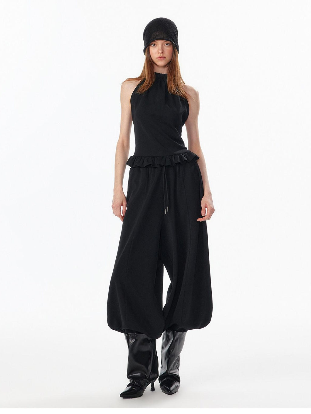 ALINNVSTUDIO Breathable Modal Loose Balloon Split Hem Natural Waist Women Black Sweatpants