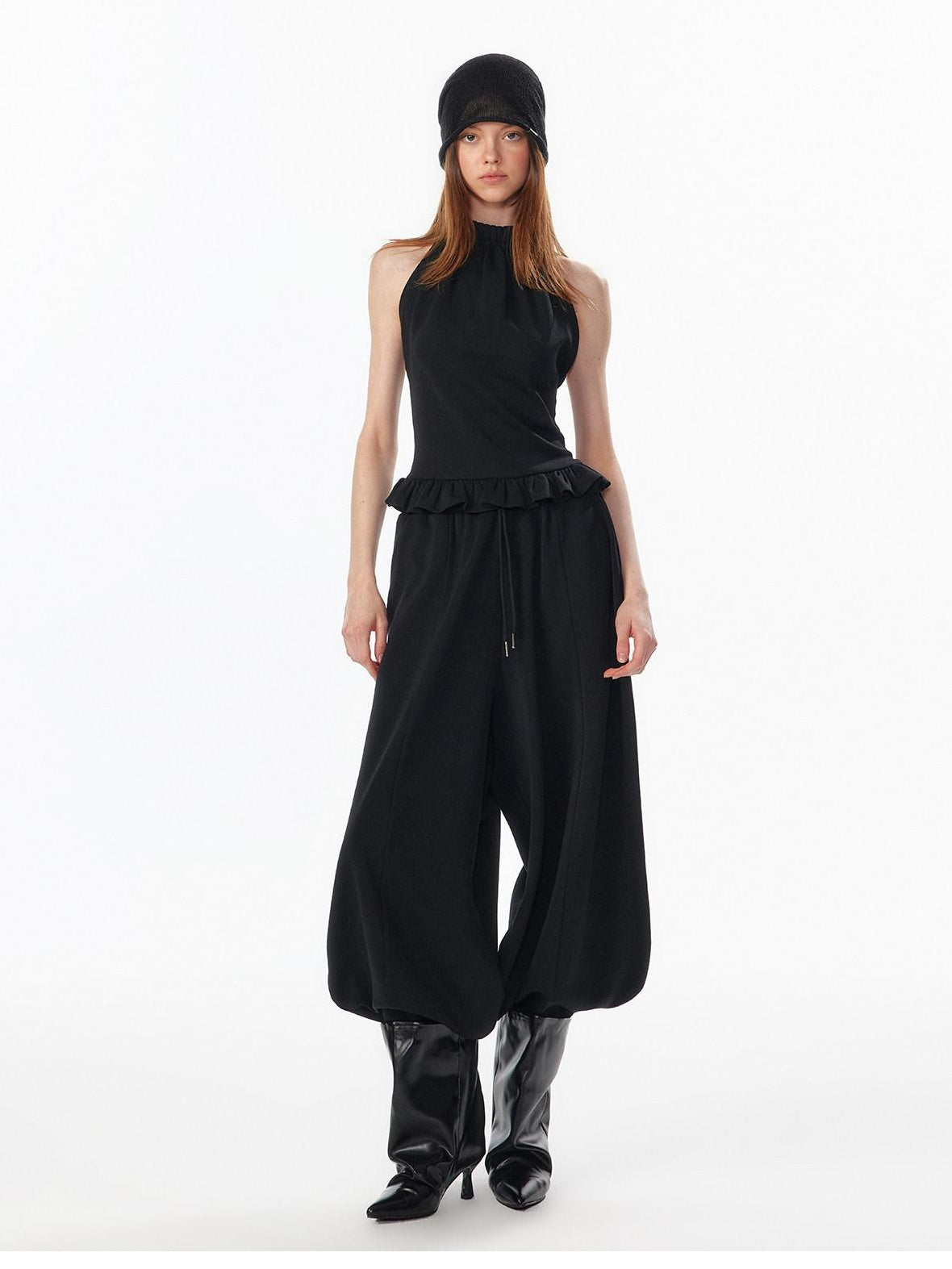ALINNVSTUDIO Breathable Modal Loose Balloon Split Hem Natural Waist Women Black Sweatpants