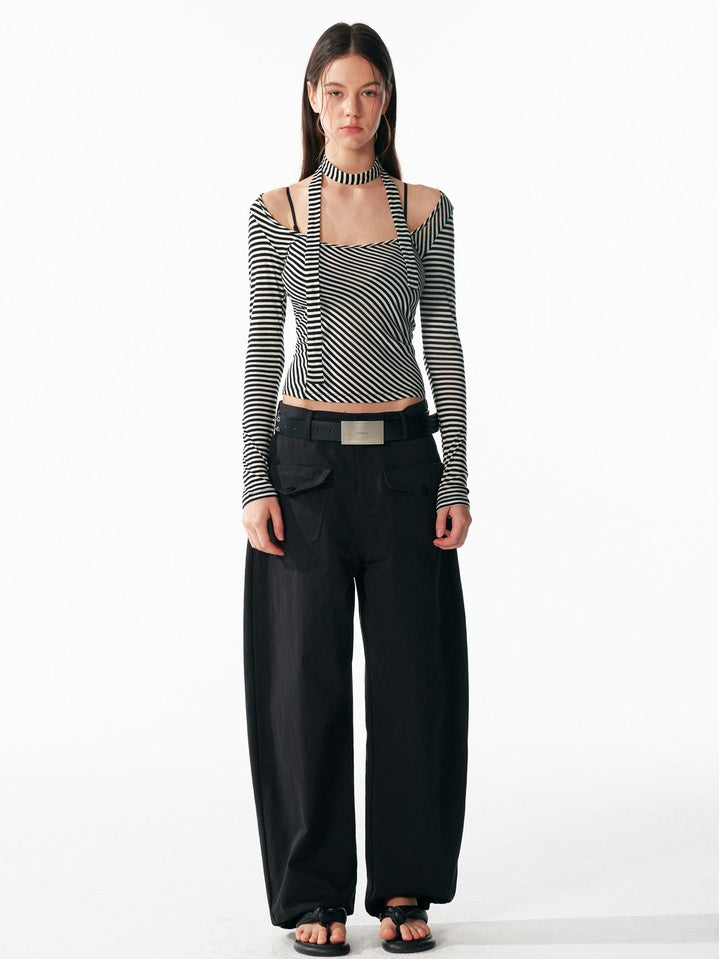 ALINNVSTUDIO Wool Blend Slim Fit Cropped Crewneck Striped Women Long Sleeve T-Shirts