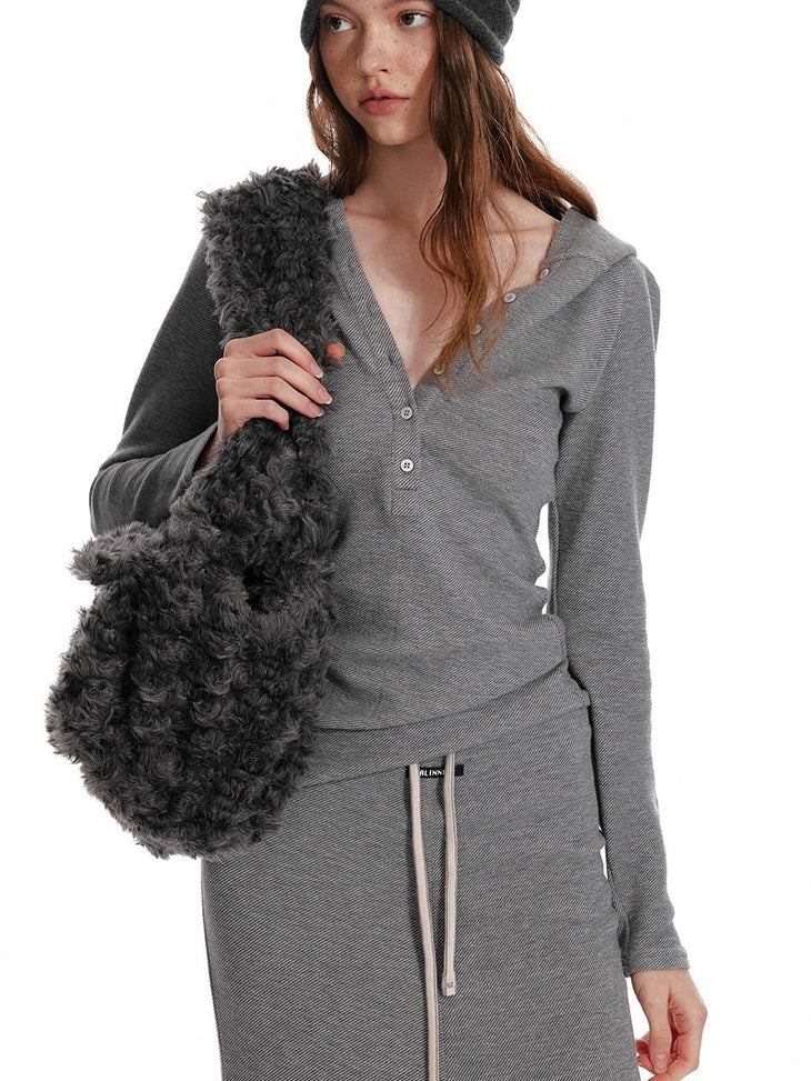 ALINNVSTUDIO Cozy Hooded Long Sleeve Button Front Curved Hem Youth Gray Top & Skirt Sets